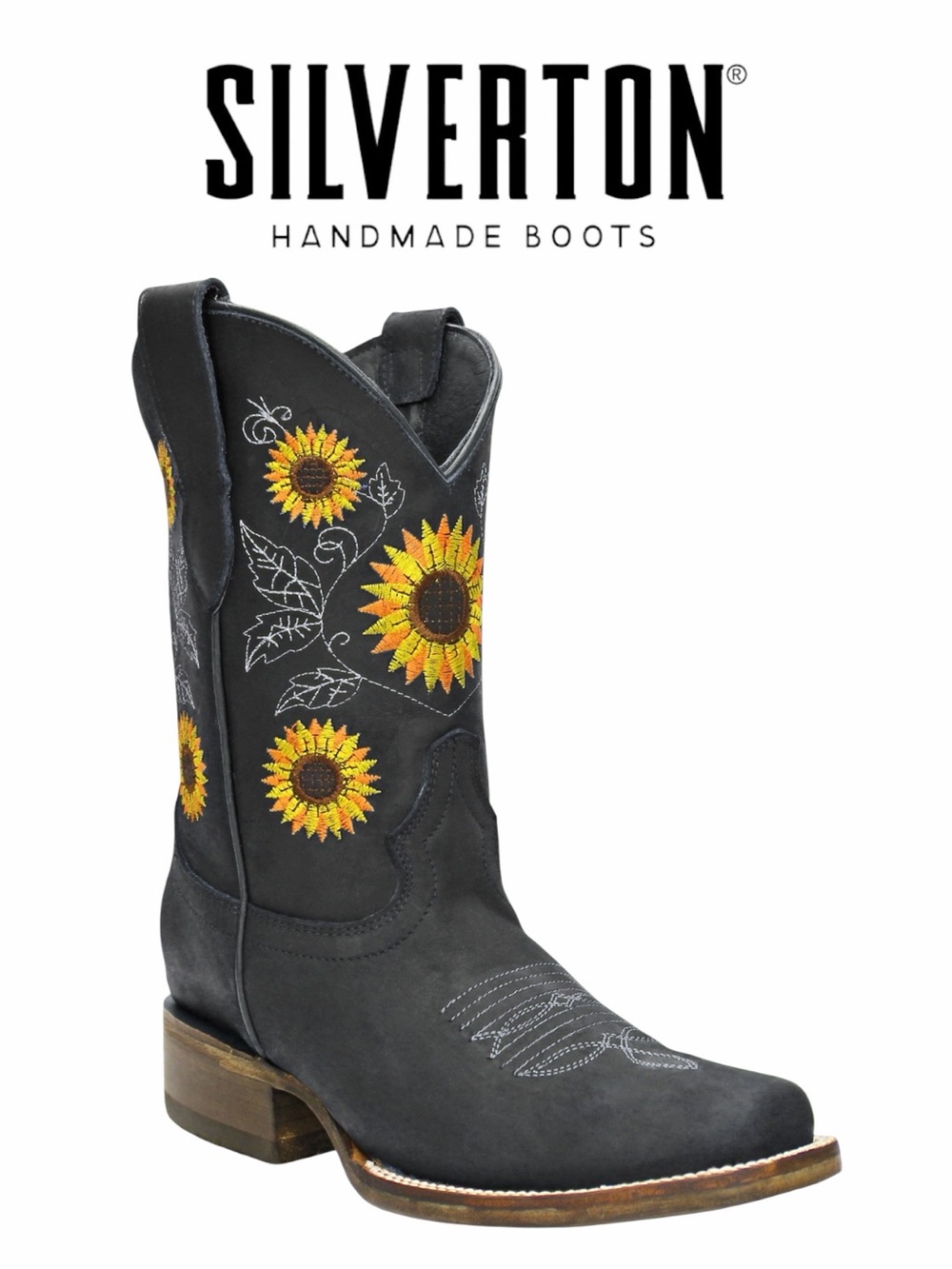 Silverton Sunflower All Leather Square Toe Black Boots - Size 8.5